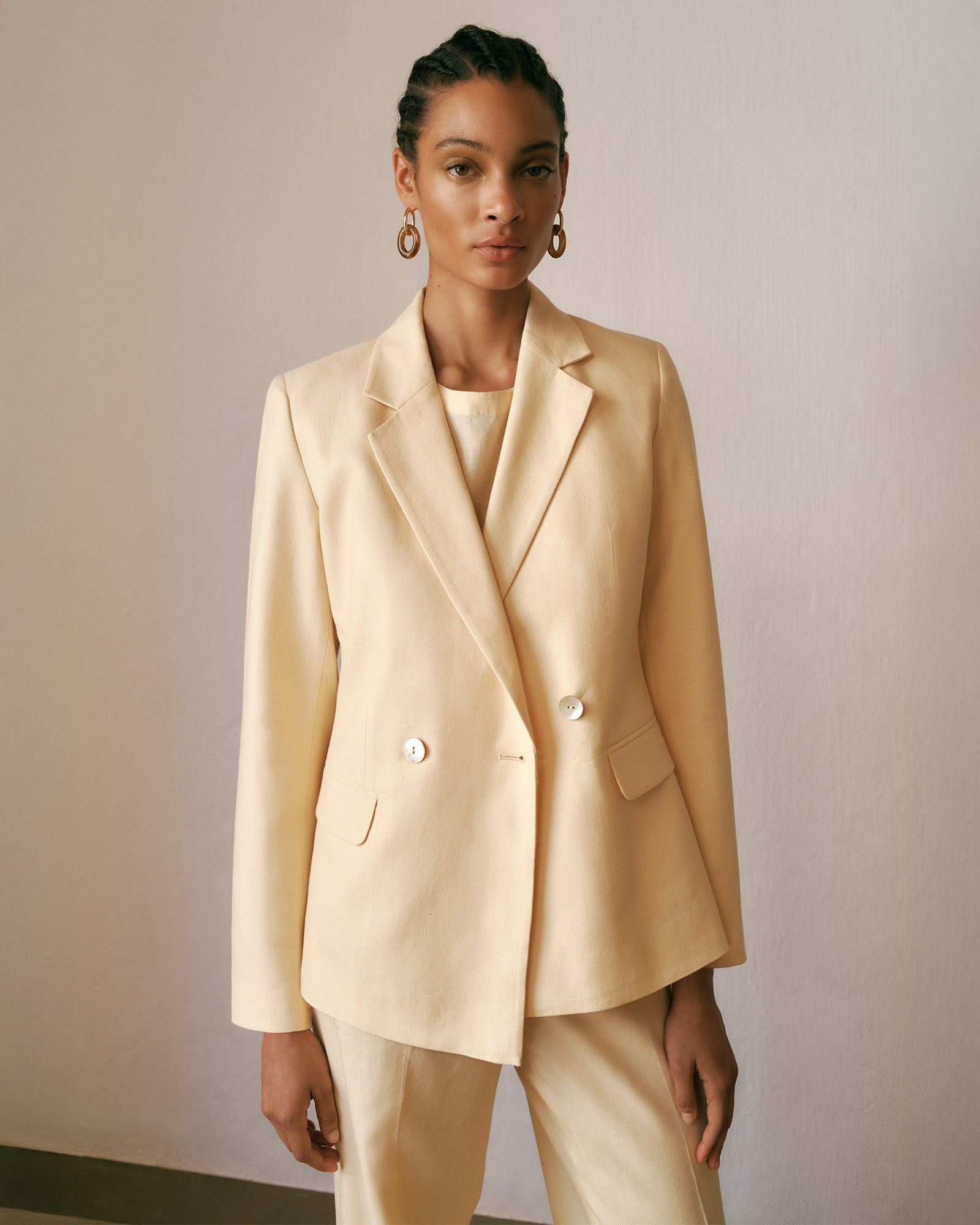 Linen Cotton Herringbone Double Breasted Blazer in Butter