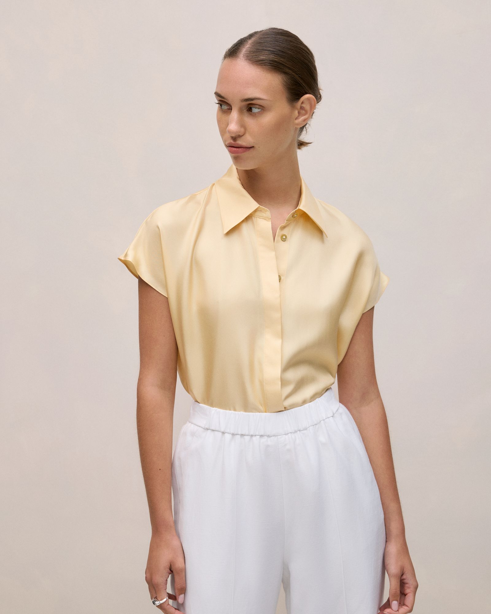 Silk Twill Cap Sleeve Shirt in Butter