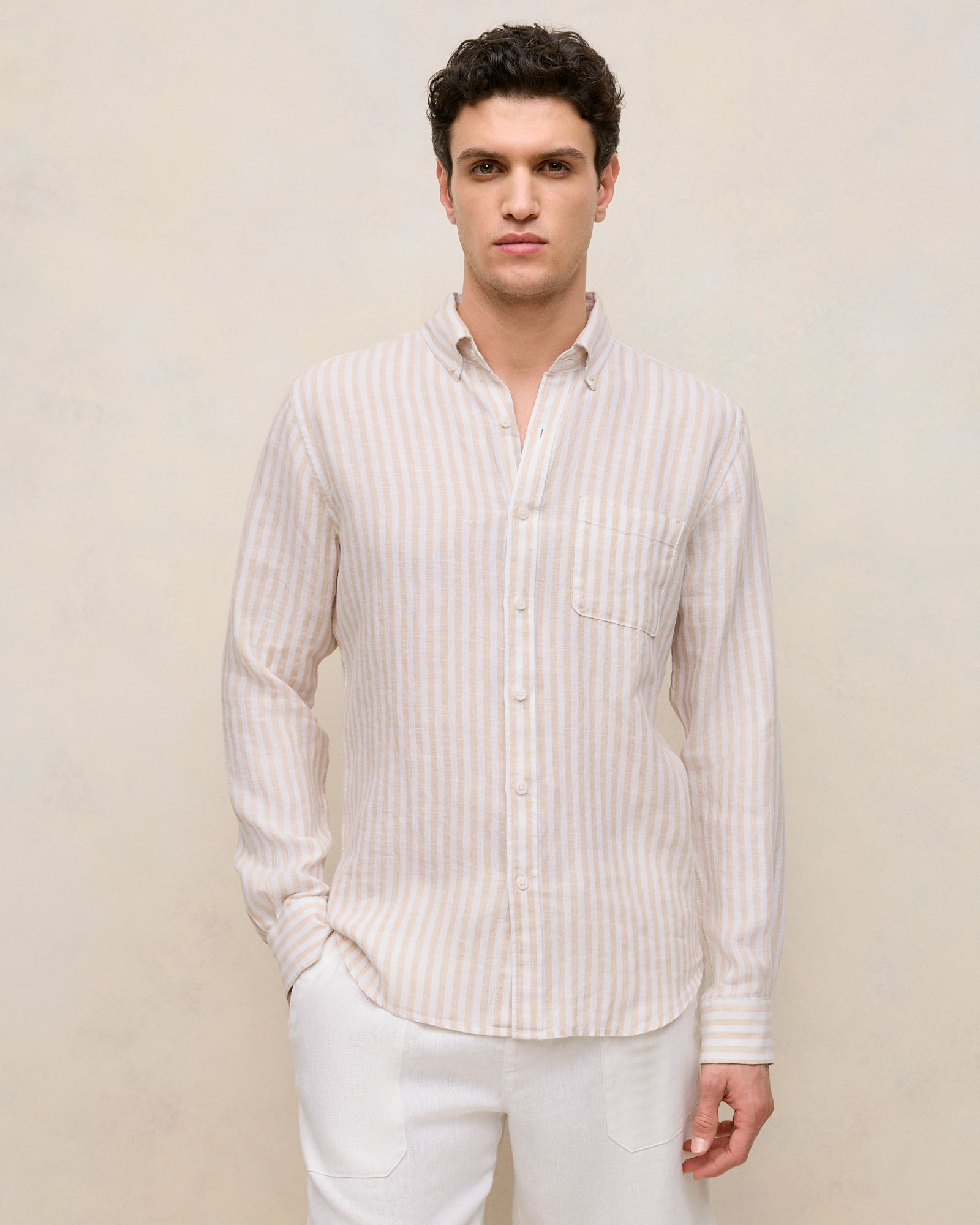 Regular Fit Linen Bengal Stripe Shirt in Sand