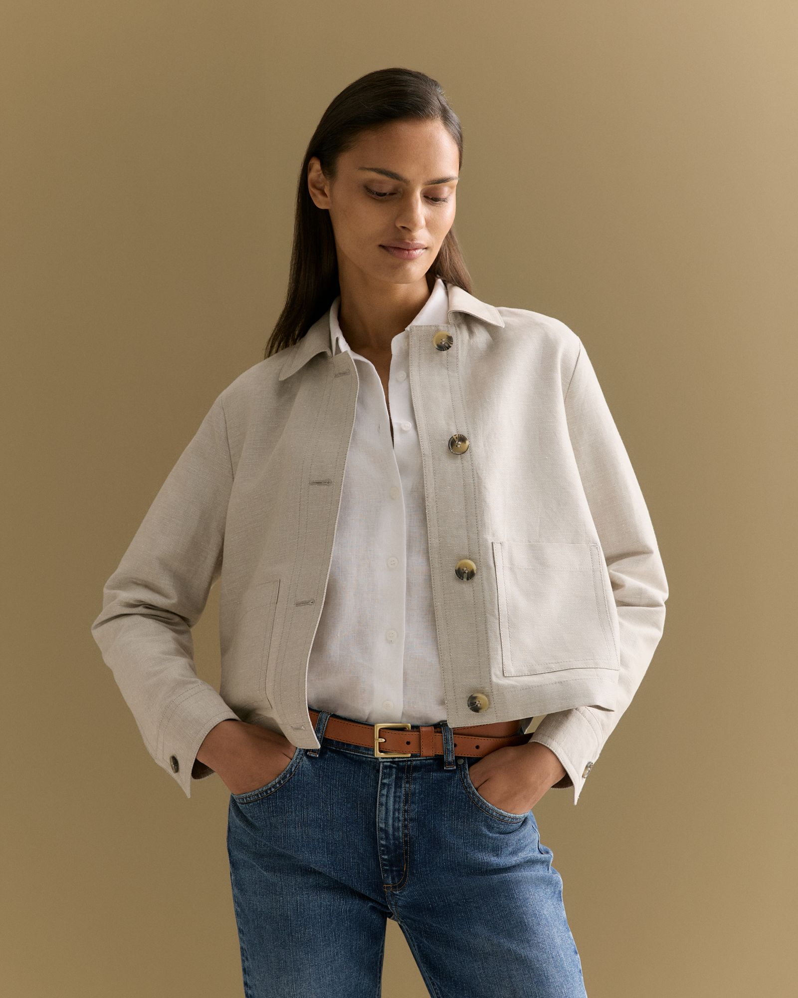 Linen Cotton Twill Button Through Jacket in Sand