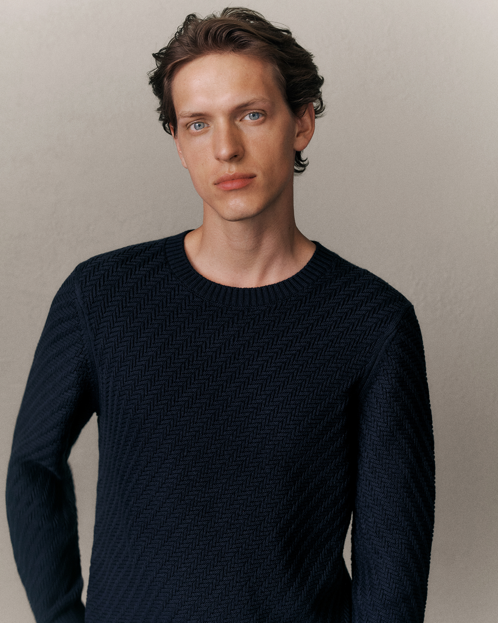 Cotton Blend Textured Crew in Navy