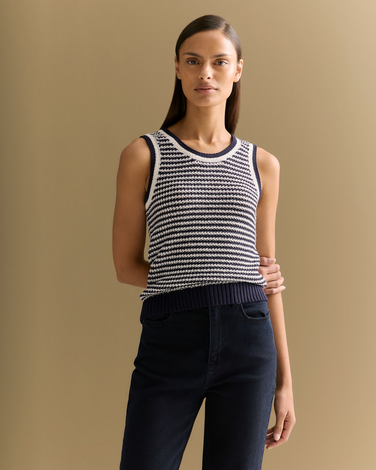 Mercerised Cotton Knit Stitch Detail Tank in Night Sky