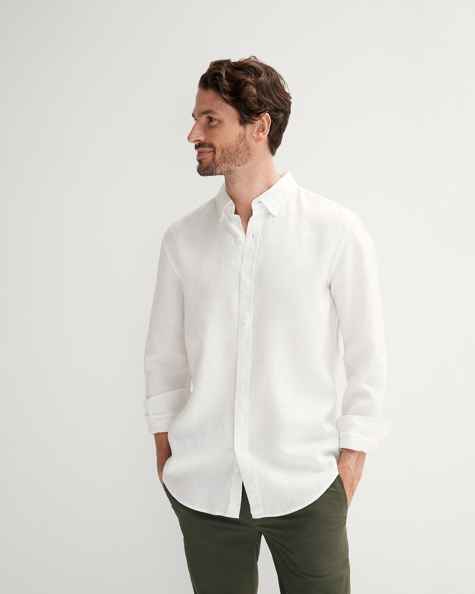Tailored Fit Linen Piece Dyed Long Sleeve Shirt in White