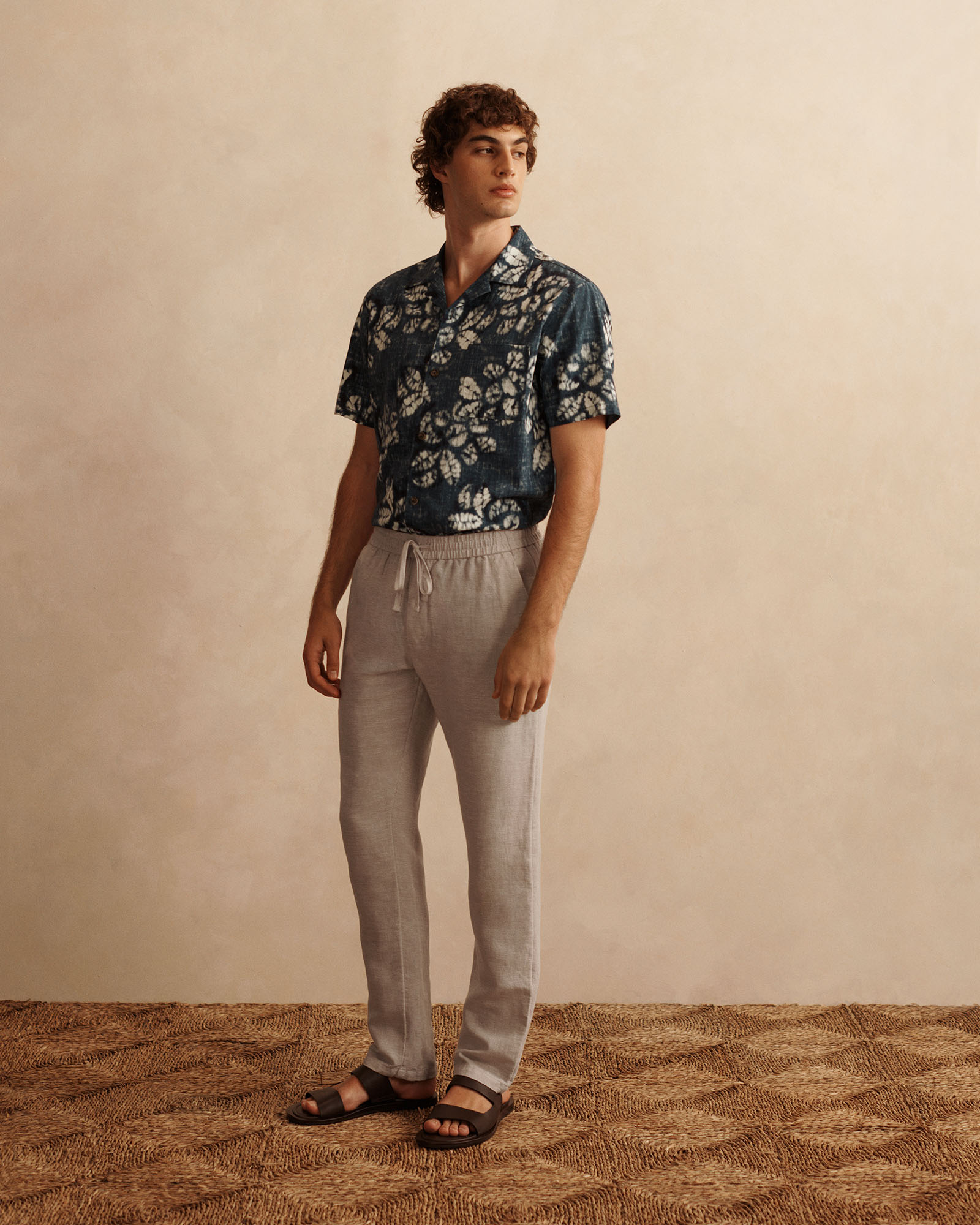 Cotton Blend Washed Floral Short Sleeve Shirt in Deep Sea Green