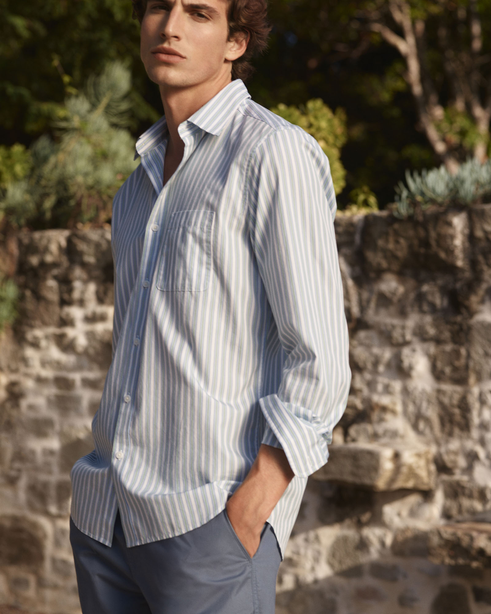 Cotton Poplin Multi Stripe Shirt in Chalk Blue