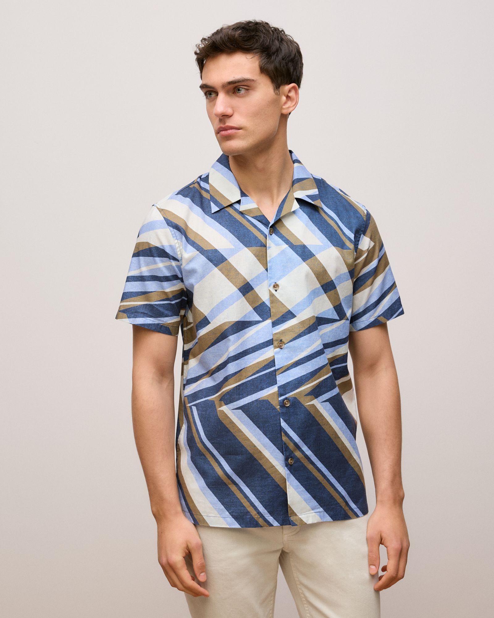 Cotton Abstract Stripe Short Sleeve Shirt in Duck Egg Blue