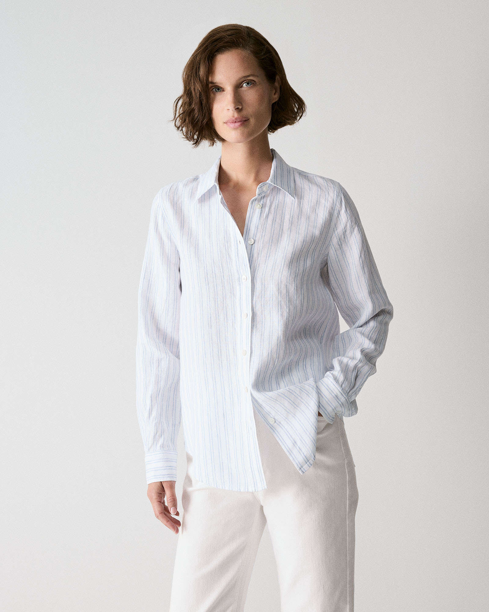 Yarn Dyed Linen Twin Stripe Shirt in Mid Blue