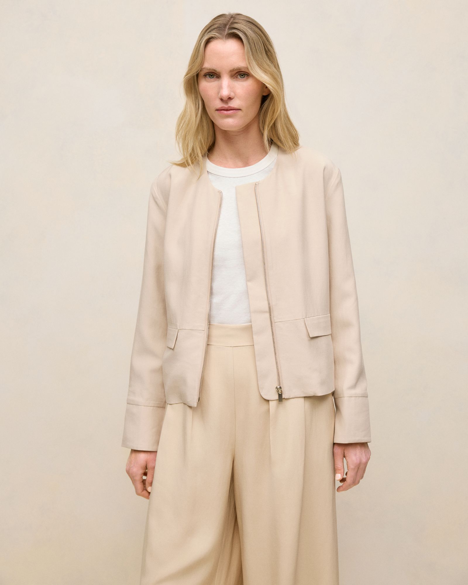 Soft Collarless Blouson Jacket in Sand