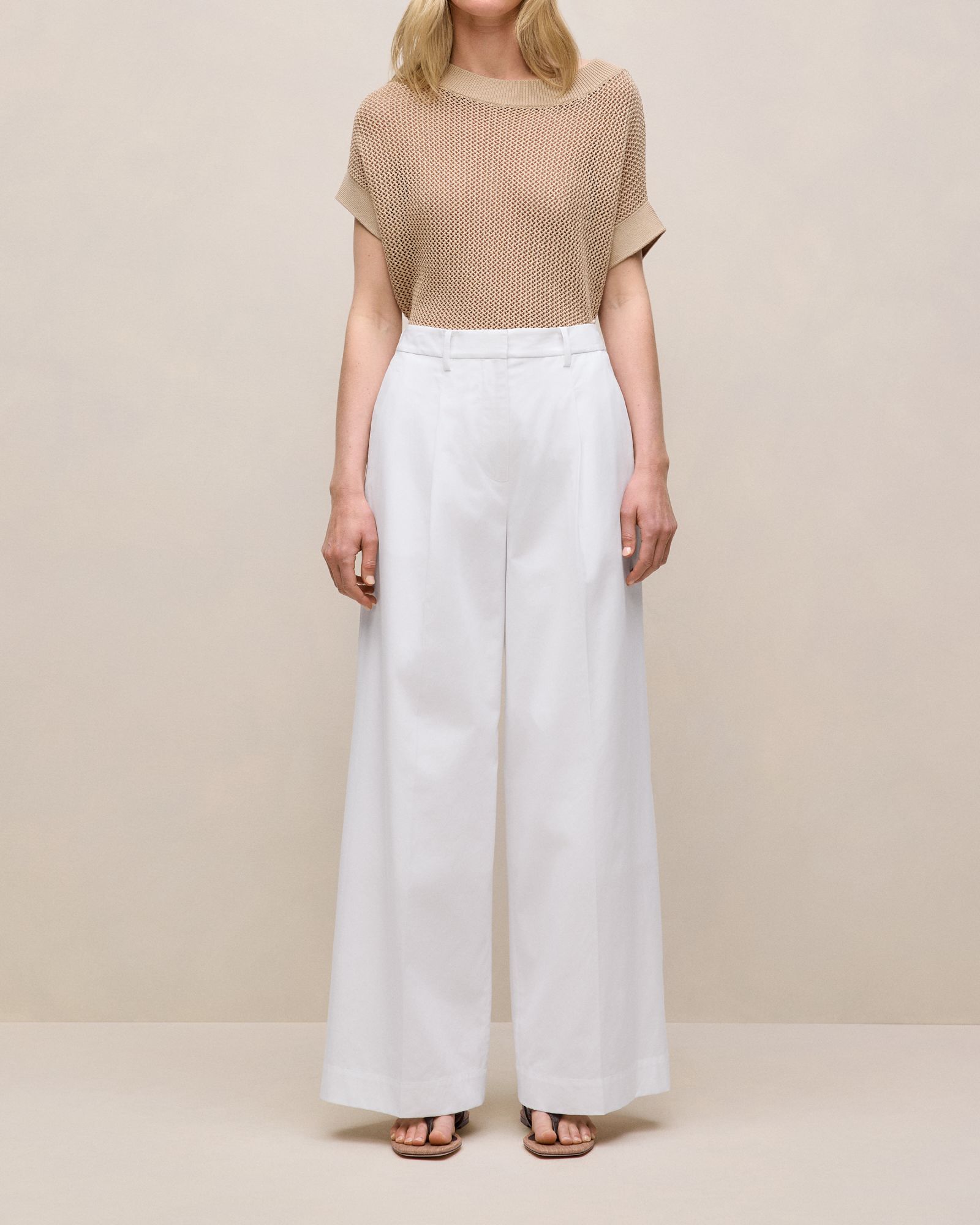 Cotton Blend Tailored Wide Leg Pant in White