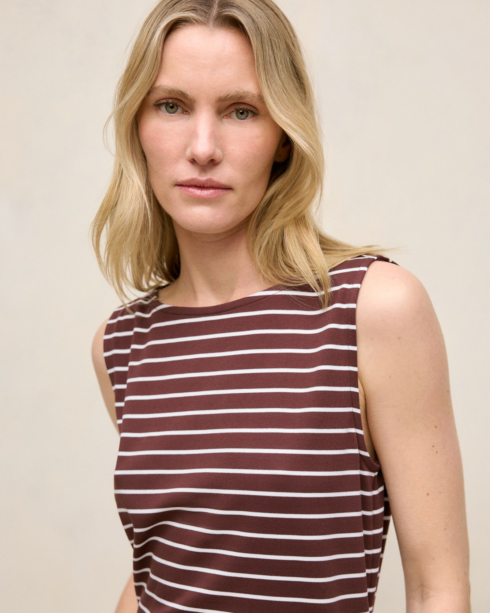 Modal Cotton Stripe Boatneck Tank in Espresso