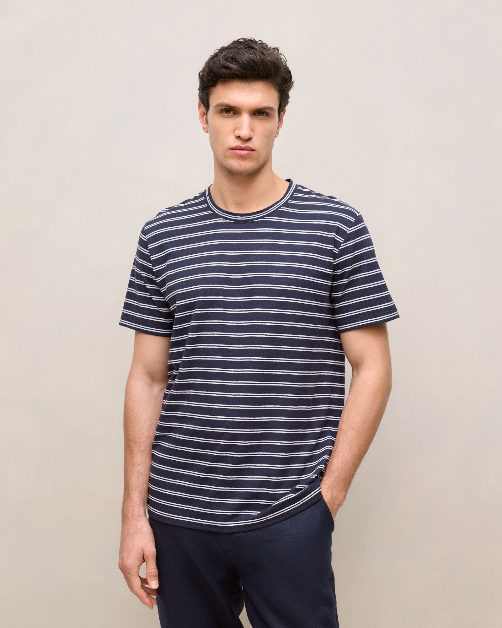 Cotton Linen Double Stripe T-shirt in Navy