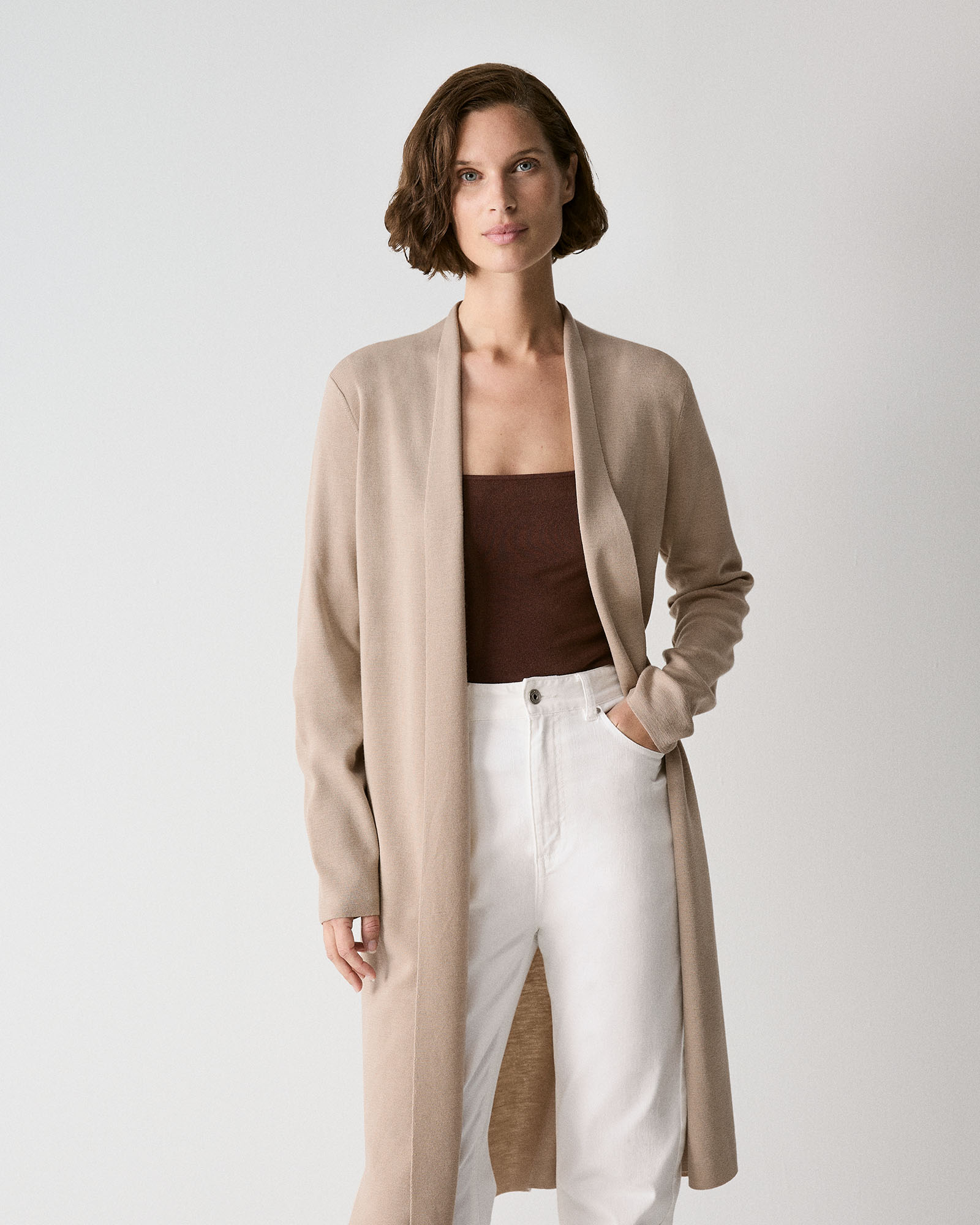 Merino Longline Cardigan in Biscuit