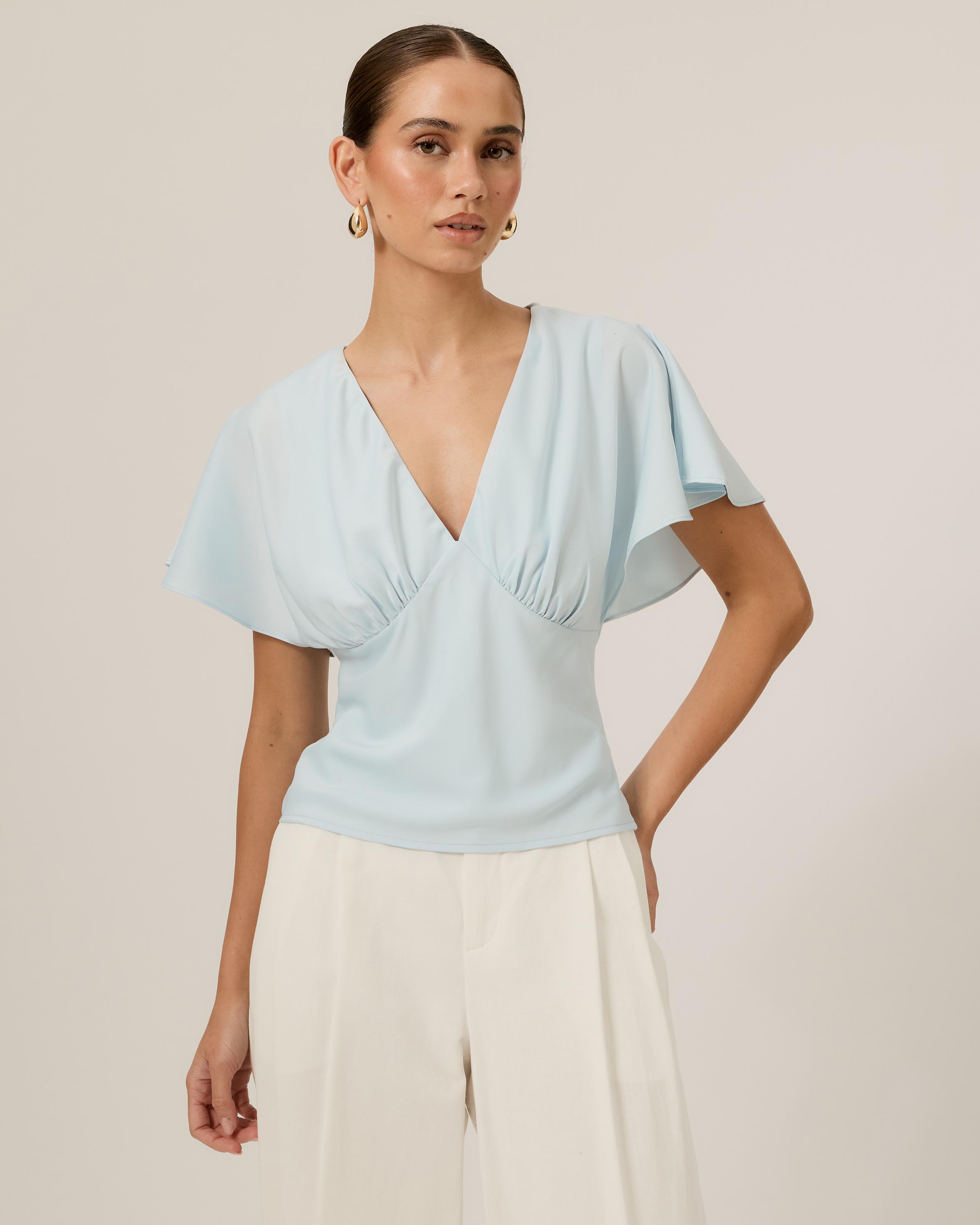 Genevieve Flutter Sleeve Satin Top