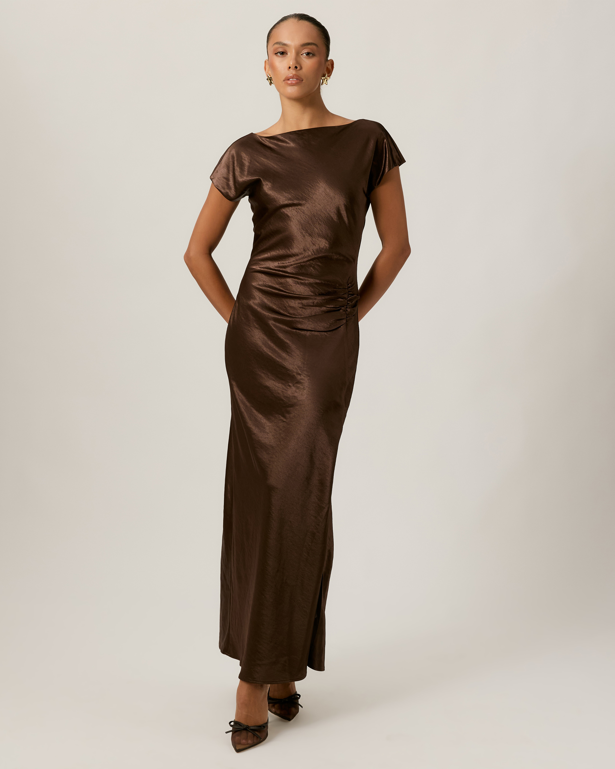 Amy Boat Neck Satin Midi Dress
