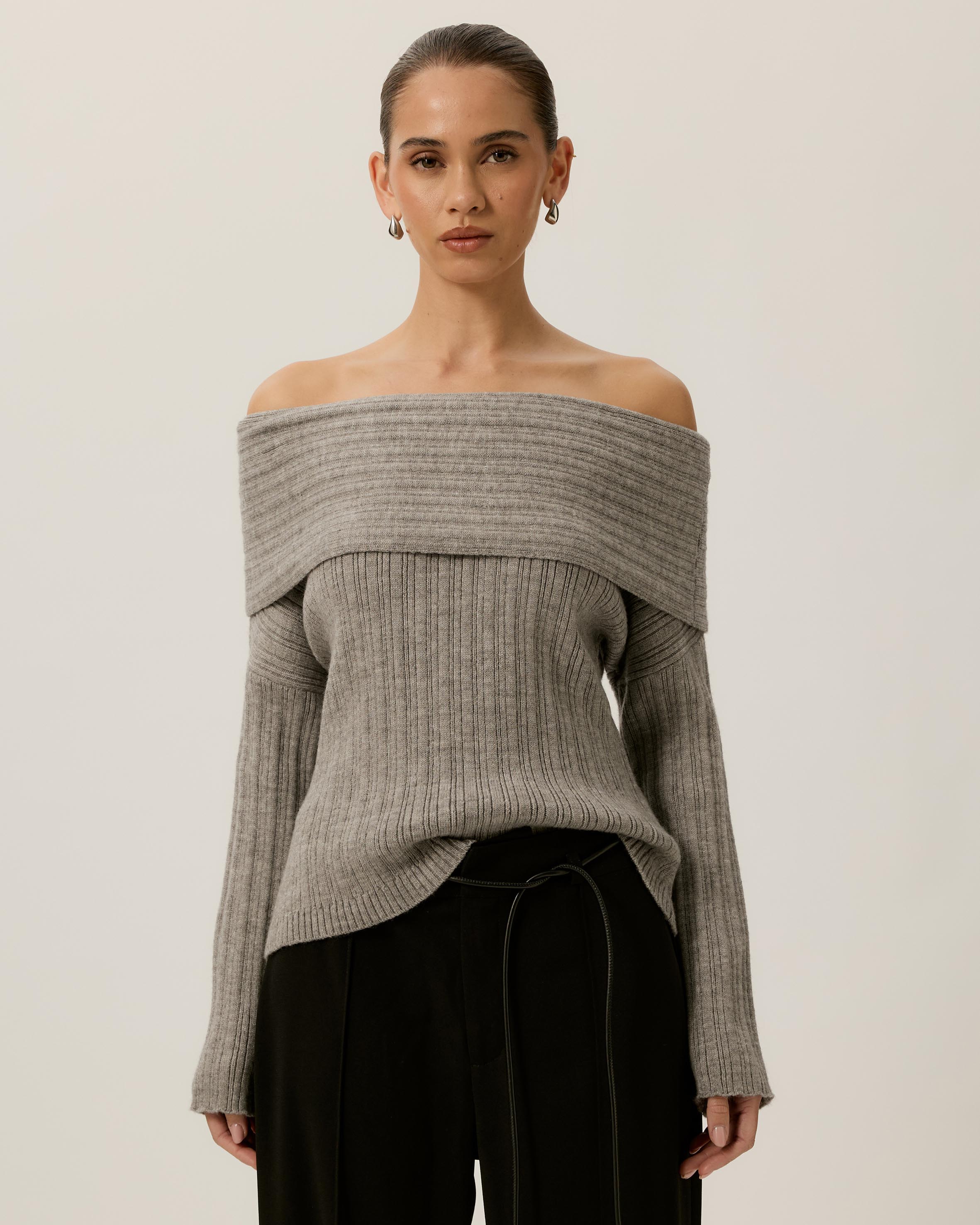 Elena Ribbed Off The Shoulder Jumper
