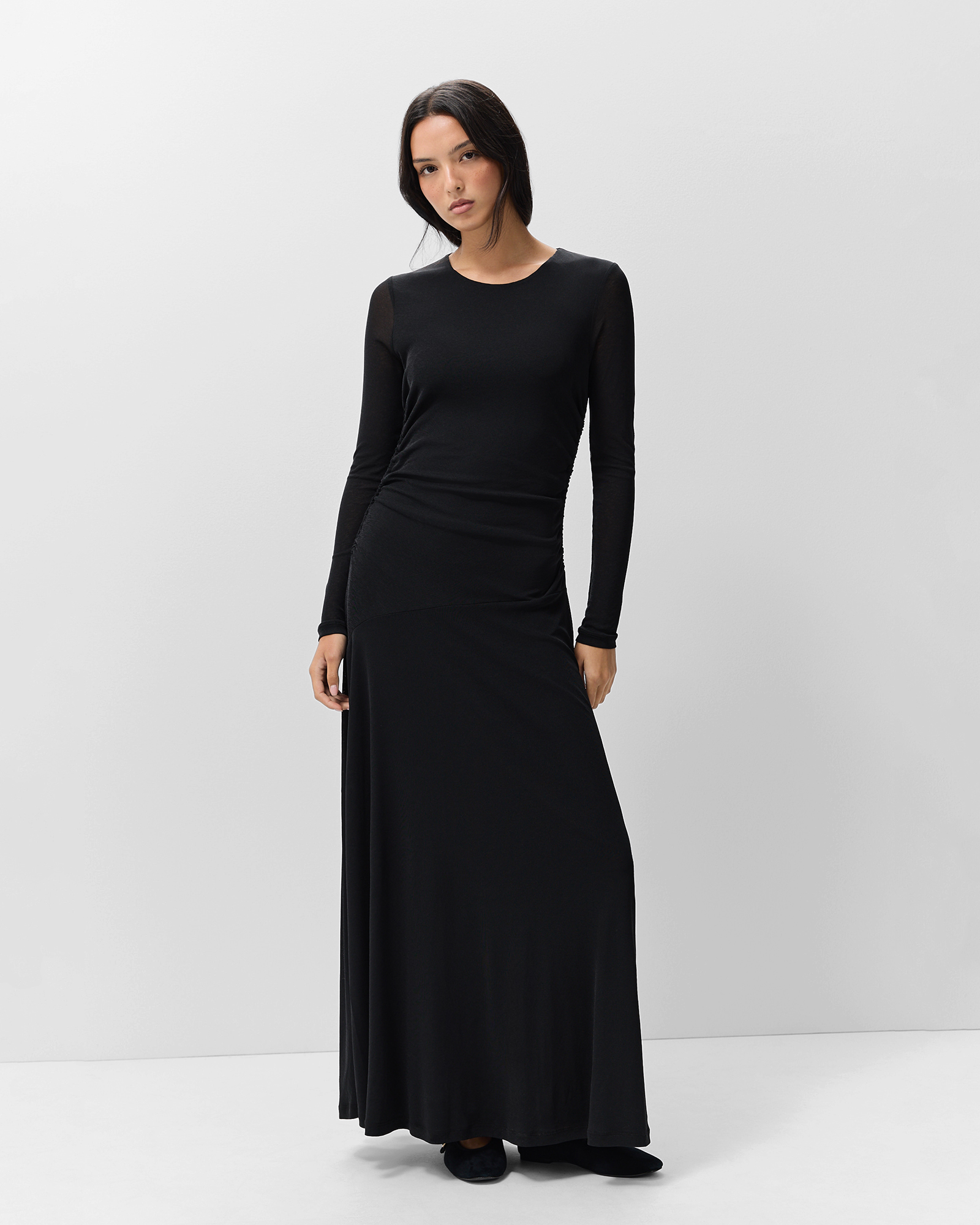 Ruched Mesh Long Sleeve Dress