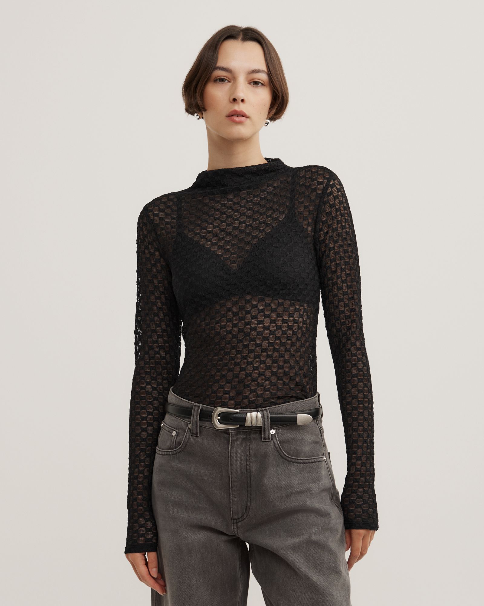 Textured Mesh Long Sleeve Top