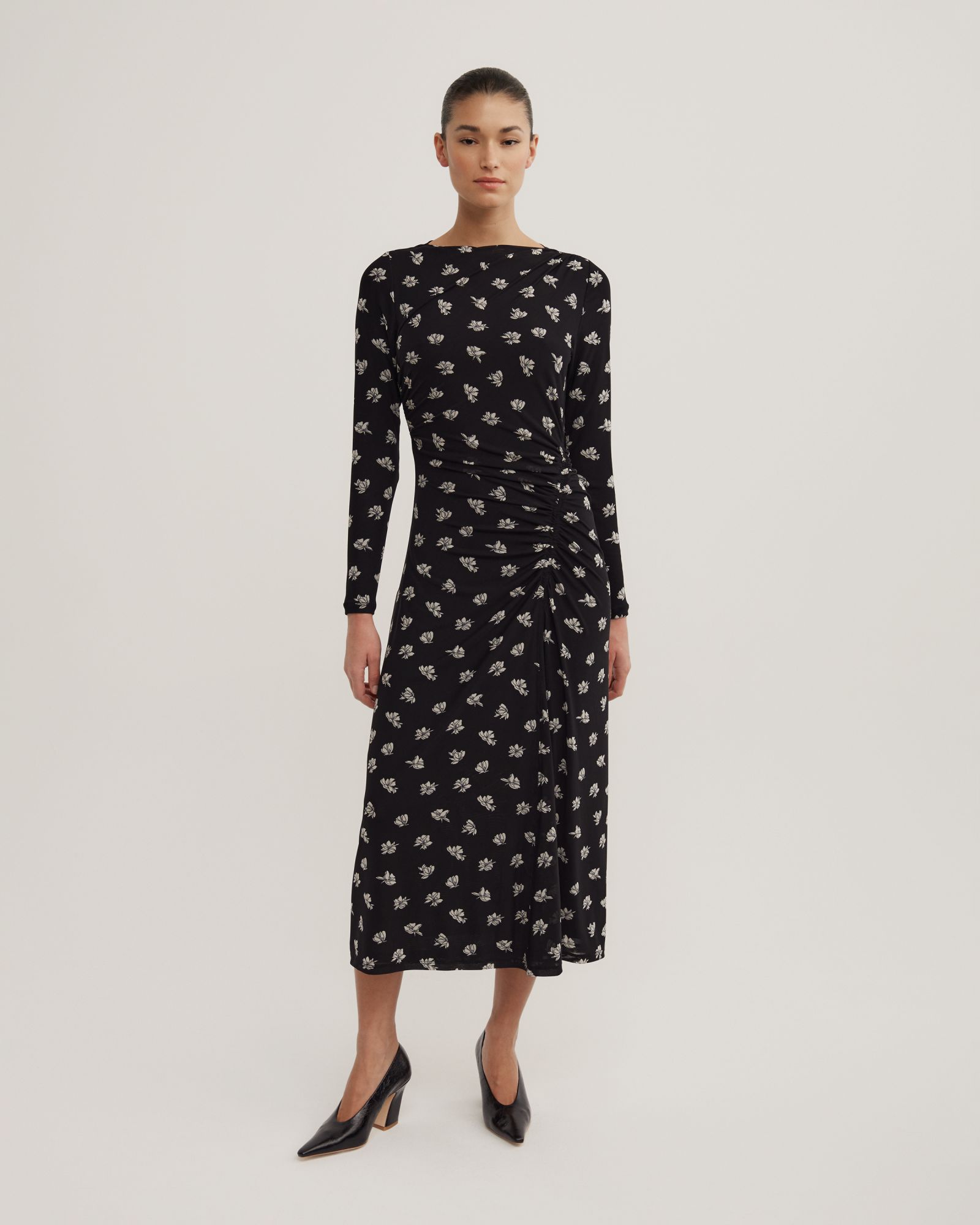 Long Sleeve Ruched Mesh Dress
