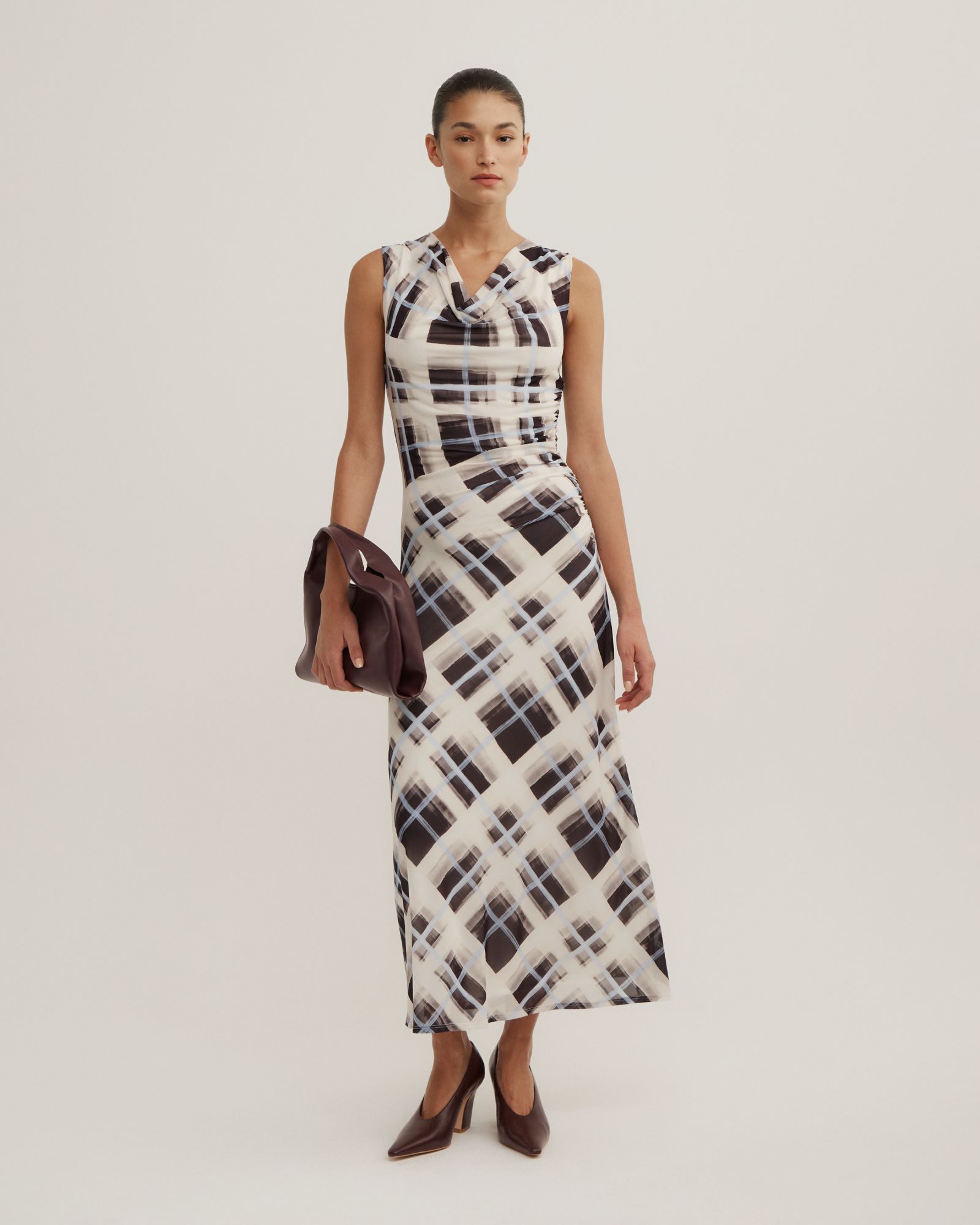 Ruched Cowl Mesh Dress